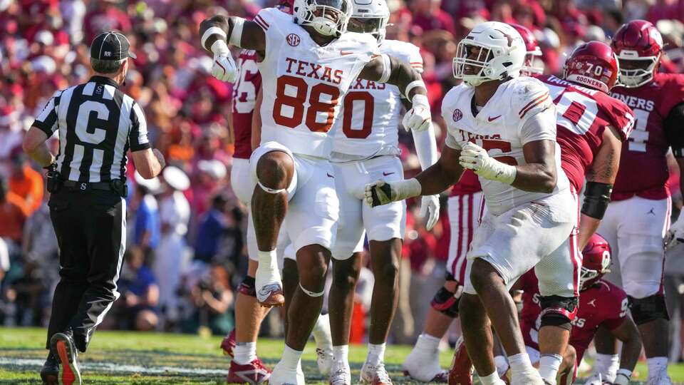 Texas Longhorns linebacker Barryn Sorrell (88) reacts after tackling Oklahoma Sooners quarterback Michael Hawkins Jr. (9) for a loss during the second quarter of an NCAA college football game at the Cotton Bowl, Saturday, Oct. 12, 2024, in Dallas.