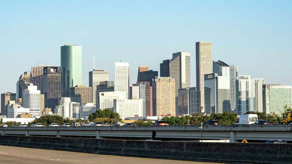 The downtown Houston skyline is visible looking north from Interstate 45 Gulf Freeway south Thursday, Oct. 10, 2024 in Houston.