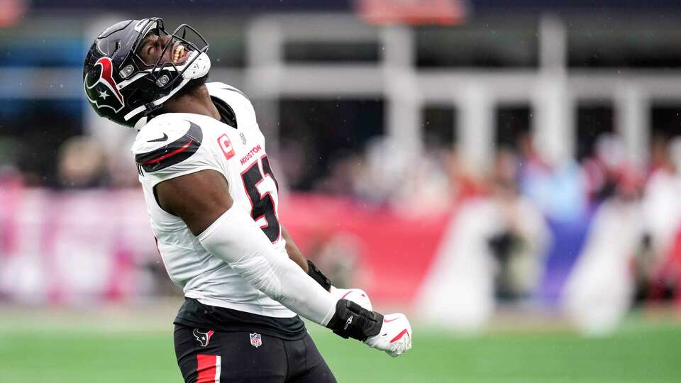 Houston Texans defensive end Will Anderson Jr. (51) reacts after sacking New England Patriots quarterback Drake Maye, for his third sack of the day, during the second half of an NFL football game Sunday, Oct. 13, 2024, in Foxborough, Mass.