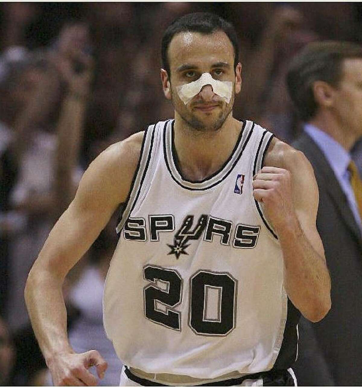 Spurs guard Manu Ginobili reacts after scoring two of his 26 points.