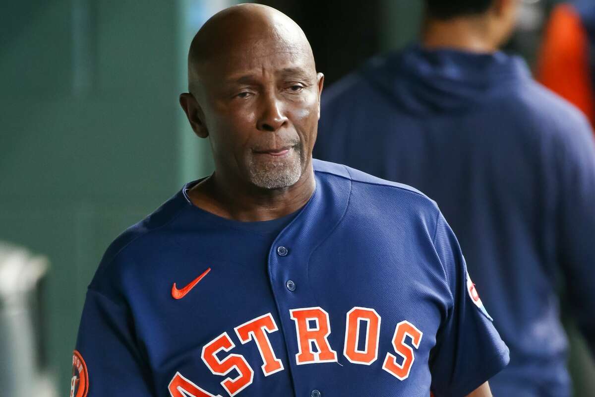 HOUSTON, TX - AUGUST 13: Houston Astros third base coach Gary Pettis (8) is in the home dugout during the MLB game between the Los Angeles Angels and Houston Astros on August 13, 2023 at Minute Maid Park in Houston, Texas. (Photo by Leslie Plaza Johnson/Icon Sportswire via Getty Images)