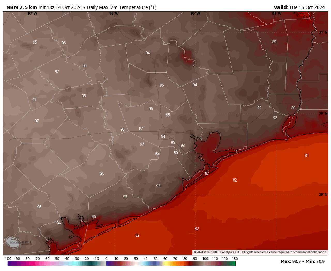 Shown are forecast high temperatures across Southeast Texas Tuesday, according to the National Blend of Models. Highs at Houston's Bush Intercontinental Airport are expected to break the daily record set in 2019.