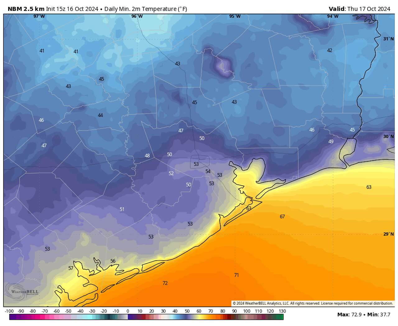 Many of us in Southeast Texas will wake up Thursday morning to temperatures in the middle and upper 40s, according to the National Blend of Models. Some areas, mainly north and west of Houston, could even start in the lower 40s.