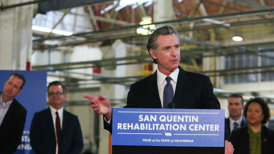 CA Governor Gavin Newsom speaks at a press conference at San Quentin State Prison in San Quentin, Calif., on Friday, March 17, 2023. Newsom announced plans to end death row and convert the prison into a rehabilitation and education center.