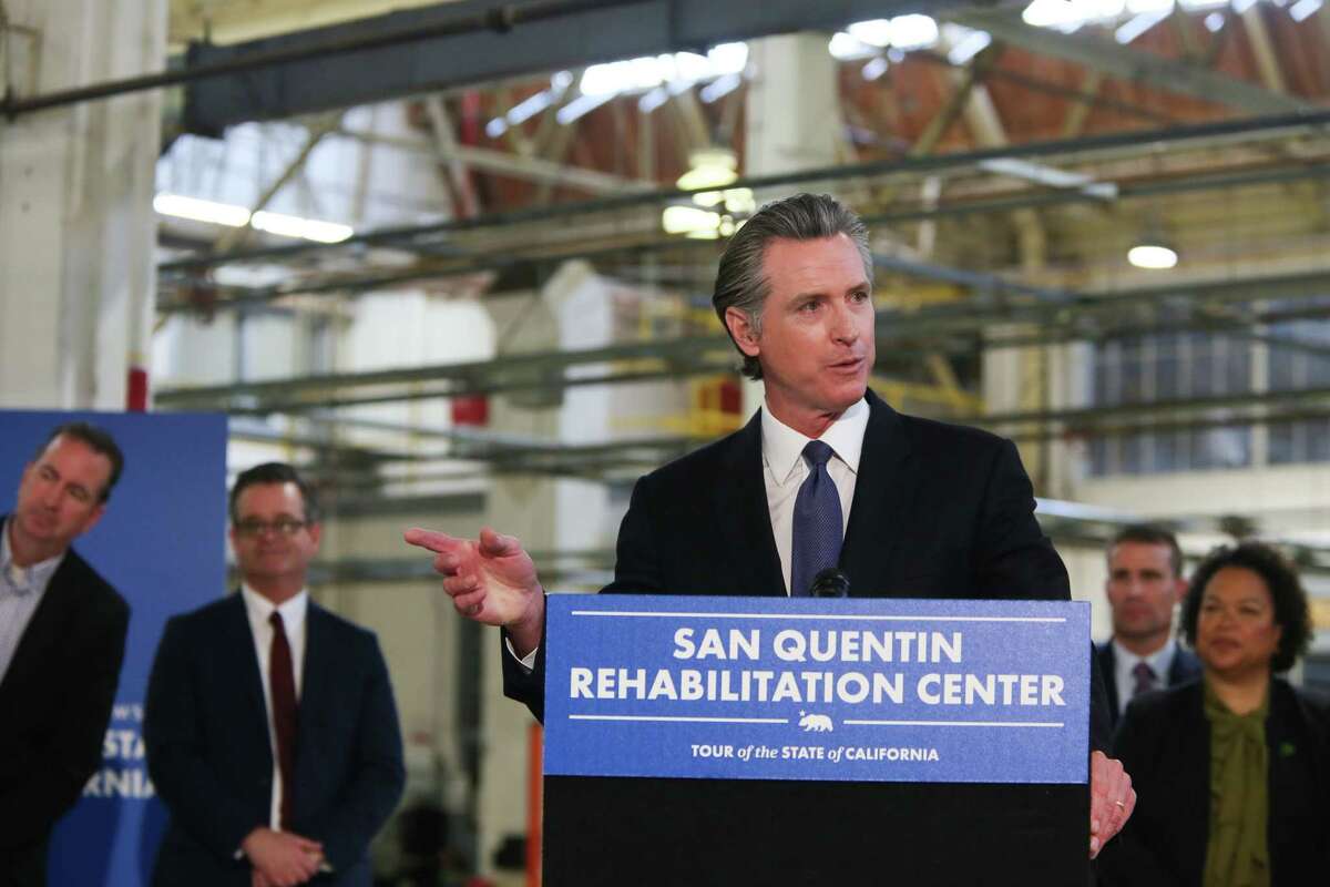 CA Governor Gavin Newsom speaks at a press conference at San Quentin State Prison in San Quentin, Calif., on Friday, March 17, 2023. Newsom announced plans to end death row and convert the prison into a rehabilitation and education center.