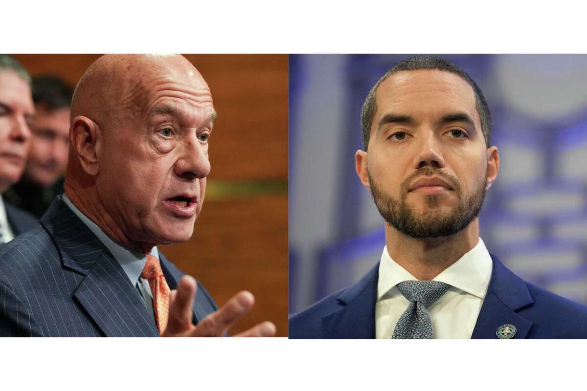 Composite image of Houston Mayor John Whitmire, left, and Controller Chris Collins on Thursday, Oct. 17, 2024 in Houston.