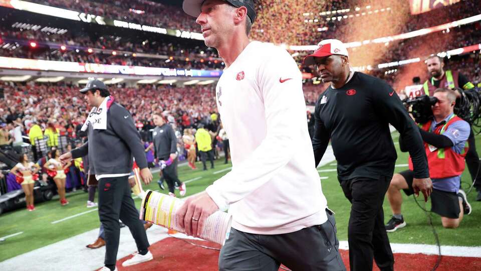 San Francisco 49ers’ head coach Kyle Shanahan walks off field after after Niners’ 25-22 loss to Kansas City Chiefs in Super Bowl LVIII at Allegiant Stadium in Las Vegas on Sunday, February 11, 2024.