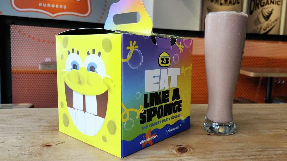 A Krabby Patty Kollab meal box (milkshake not part of item) at Super Duper Burgers in San Francisco.