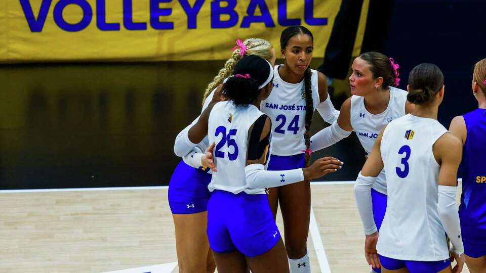 San Jose State’s women’s volleyball team competes against UNLV at Yosh Uchida Hall/Spartan Gym 298 in San Jose, Calif. on Saturday, October 12, 2024. San Jose State has a transgender volleyball player on its squad and teams are forfeiting rather than play against them.