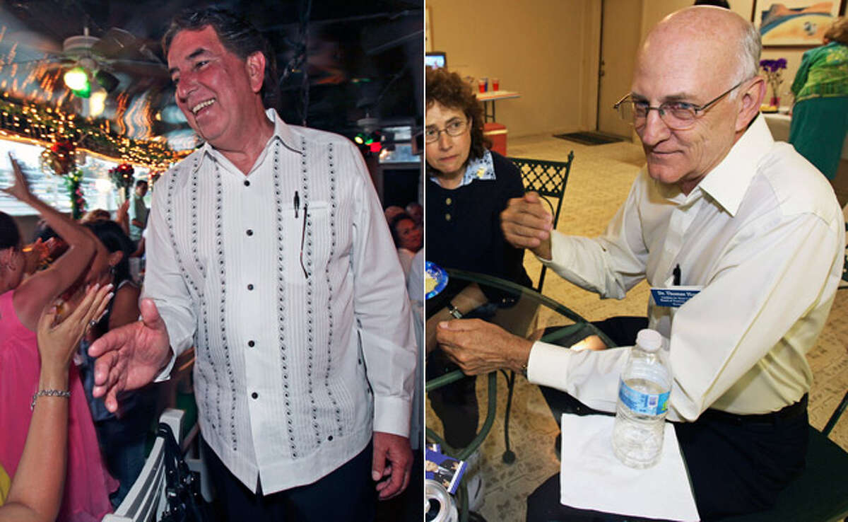 LEFT: Joe Alderete Jr. accepts handshakes at Cha Cha's Restaurant after hearing polling results at 8 p.m. that showed him ahead of others in the Alamo Colleges District 1 race. RIGHT: Thomas Hoy discusses polling numbers at the Charter Oaks Clubhouse. The retired SAC vice president will face former City Councilman Alderete in a runoff on June 12.