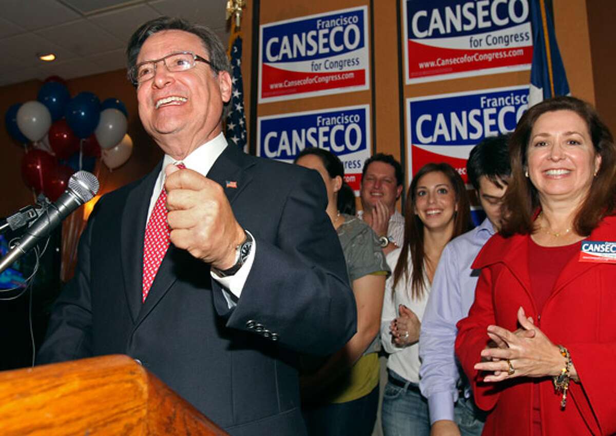 Businessman Francisco “Quico” Canseco celebrates his lead in the District 23 congressional race over U.S. Rep. Ciro Rodriguez at the Crowne Plaza San Antonio Airport hotel.