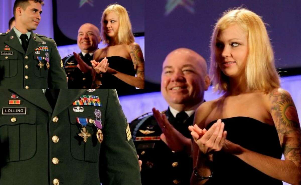 U.S. Army Sgt. Joseph Lollino looks over at his wife Ashley after receiving the Distinguished Service Cross and Purple Heart medals during a ceremony at the start of Army's medical symposium at the Convention Center Monday.
