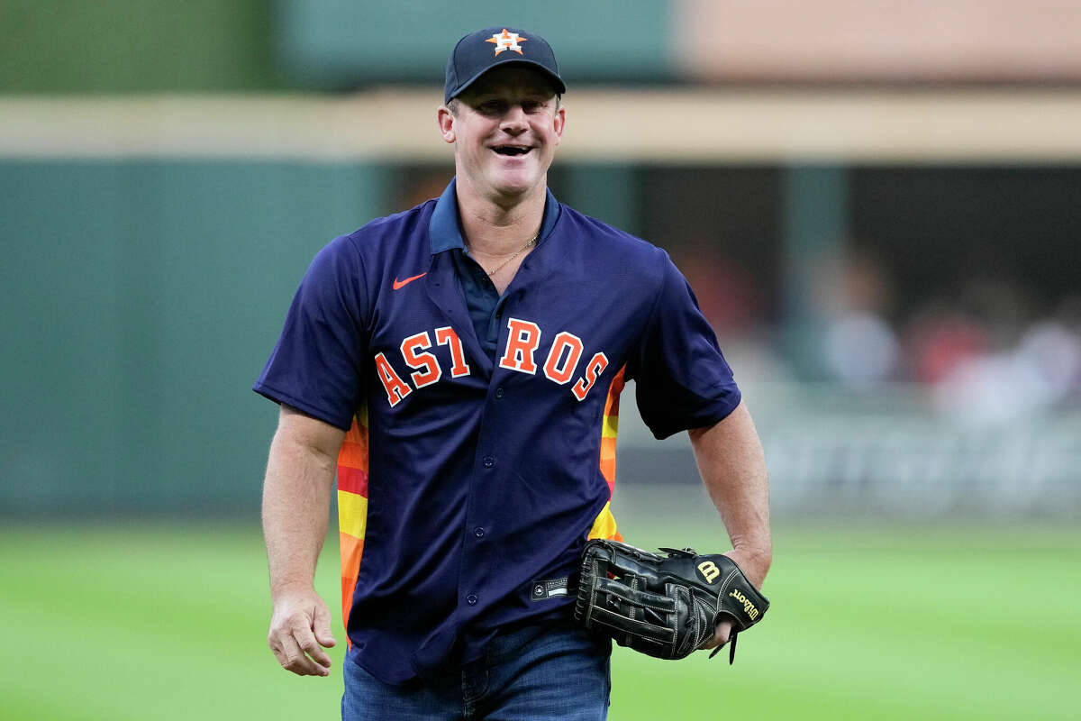 Former Houston Astros pitcher Roy Oswalt is seen after throwing out the ceremonial first pitch before Game 2 of the American League Championship Series at Minute Maid Park on Thursday, Oct. 20, 2022, in Houston.