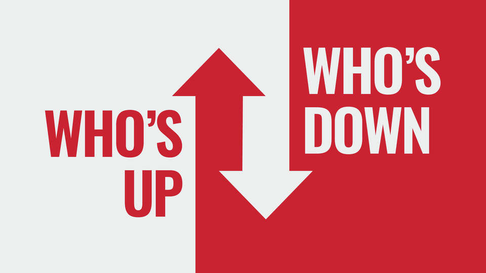 Image of two arrows, one points up, the other points down. Text reads: Who's up, who's down. 