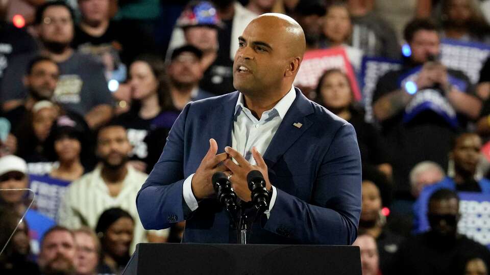 United States Senator Candidate Colin Allred speaks at a Vice President Kamala Harris rally Friday, Oct. 25, 2024 at Shell Energy Stadium in Houston.