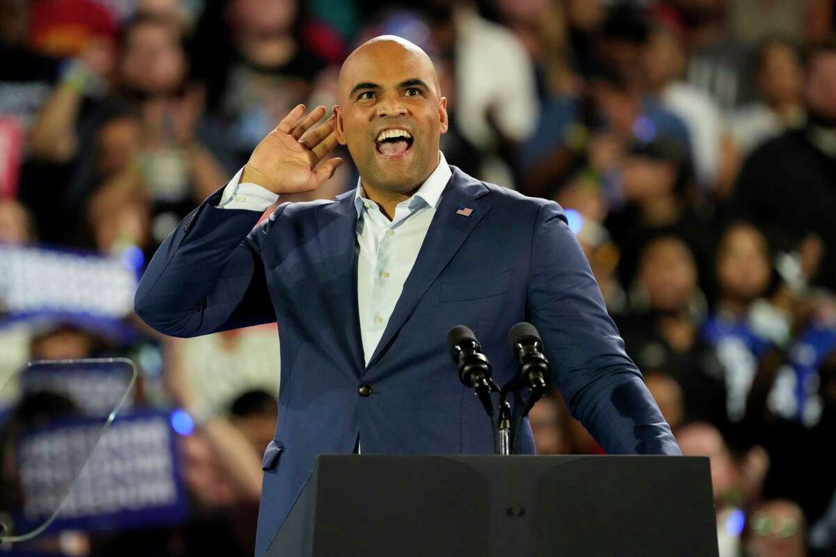 United States Senator Candidate Colin Allred listens to the crowd during his speech at a Vice President Kamala Harris rally Friday, Oct. 25, 2024 at Shell Energy Stadium in Houston.