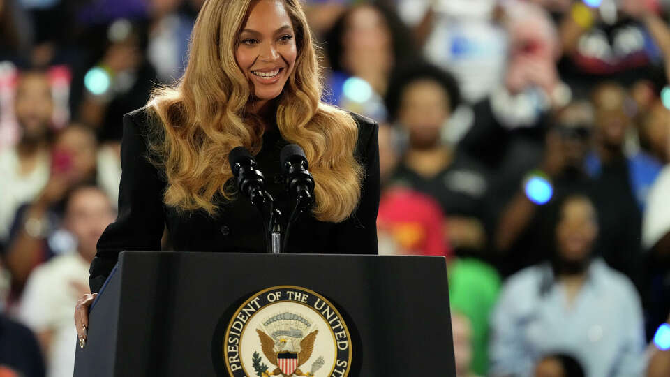 Houston native Beyoncé Knowles speaks during Vice President Kamala Harris rally Friday, Oct. 25, 2024 at Shell Energy Stadium in Houston.