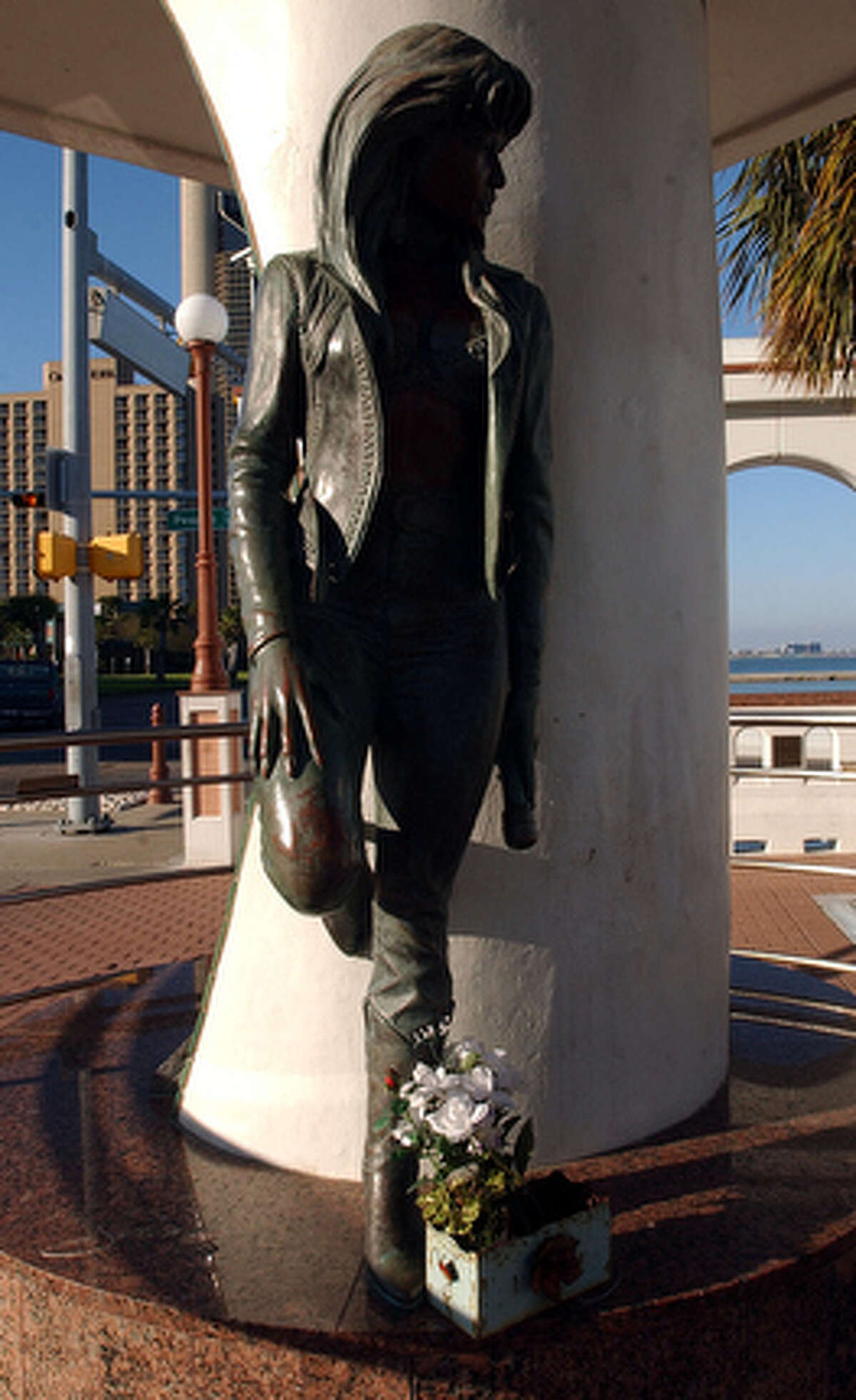 A bronze statue of slain Tejano singer Selena Quintanilla-Perez on the t-heads along Shoreline drive in Corpus Christi.