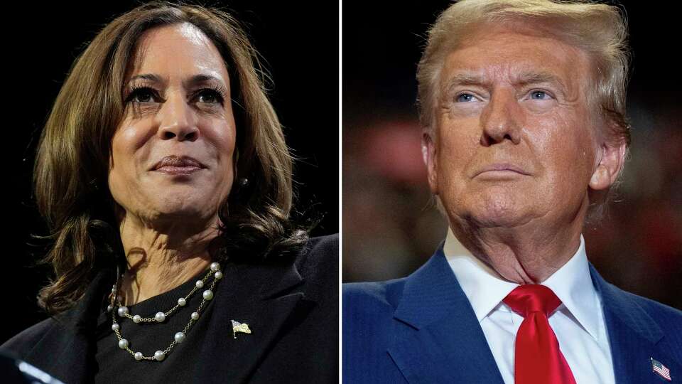 This combination of file photos shows Democratic presidential nominee Vice President Kamala Harris, left, speaking at a campaign rally Erie, Pa., on Oct. 14, 2024, and Republican presidential nominee former President Donald Trump speaking a campaign rally in Uniondale, N.Y., on Sept.18, 2024.