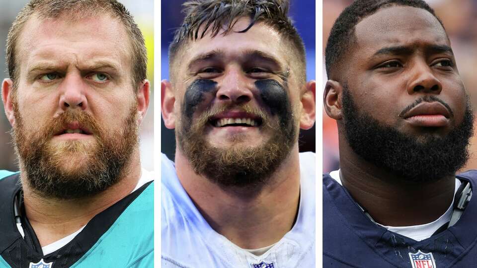 The Jaguars' Brandon Scherff (left), Browns' Wyatt Teller (center) and Bears' Nate Davis (right) are some of the offensive guards thought to be available ahead of the NFL trade deadline on Tuesday, Nov. 5, 2024.