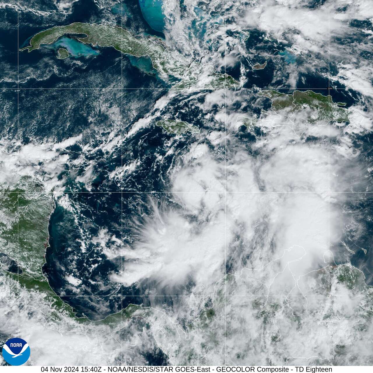 Tropical Depression Eighteen is seen from Space Monday morning as it develops in the Caribbean. 