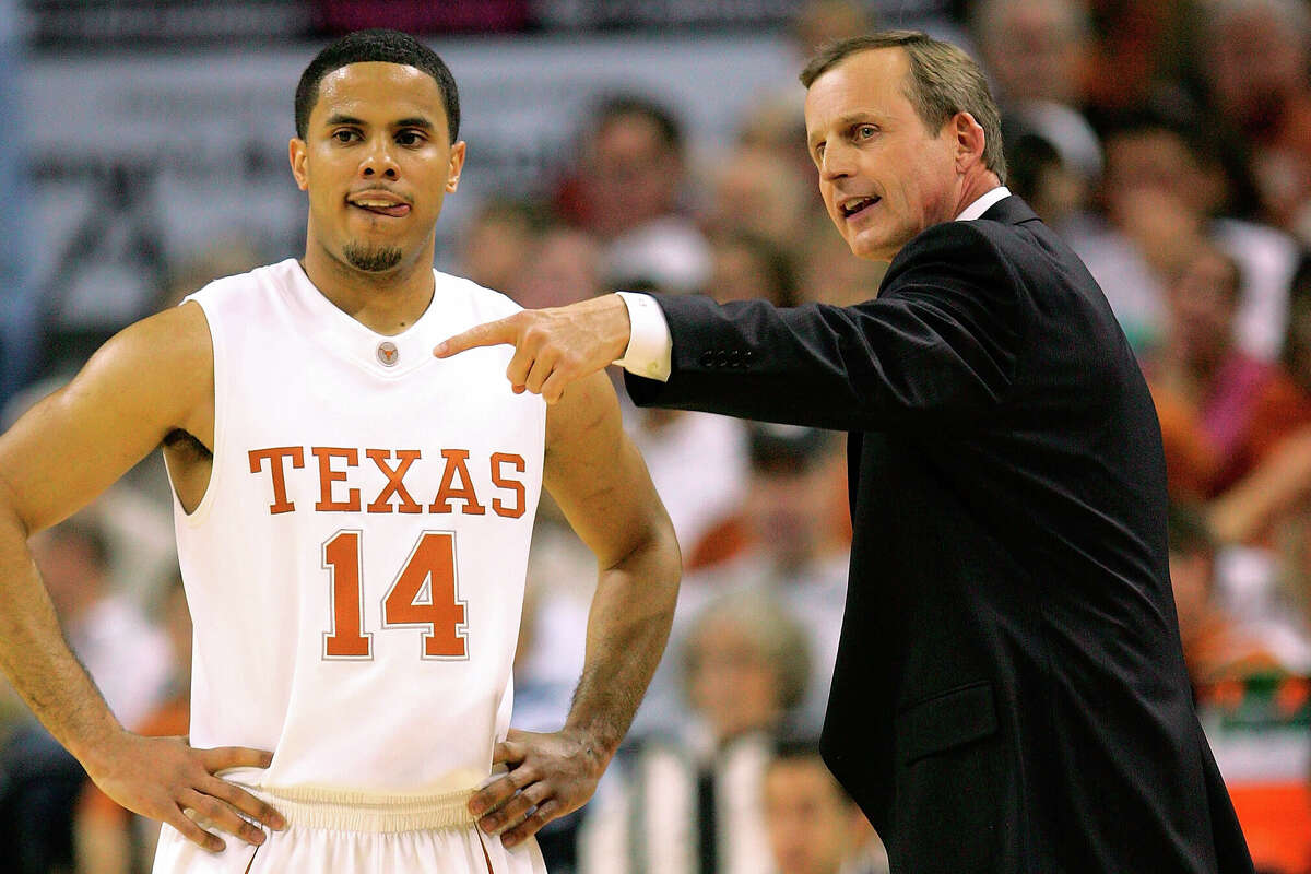 AUSTIN, TX - JANUARY 26: Head coach Rick Barnes talks with D.J. Augustin #14 of the Texas Longhorns during play with the Texas Tech Red Raiders on January 26, 2008 at the Frank Erwin Center in Austin, Texas (Photo by Ronald Martinez/Getty Images)