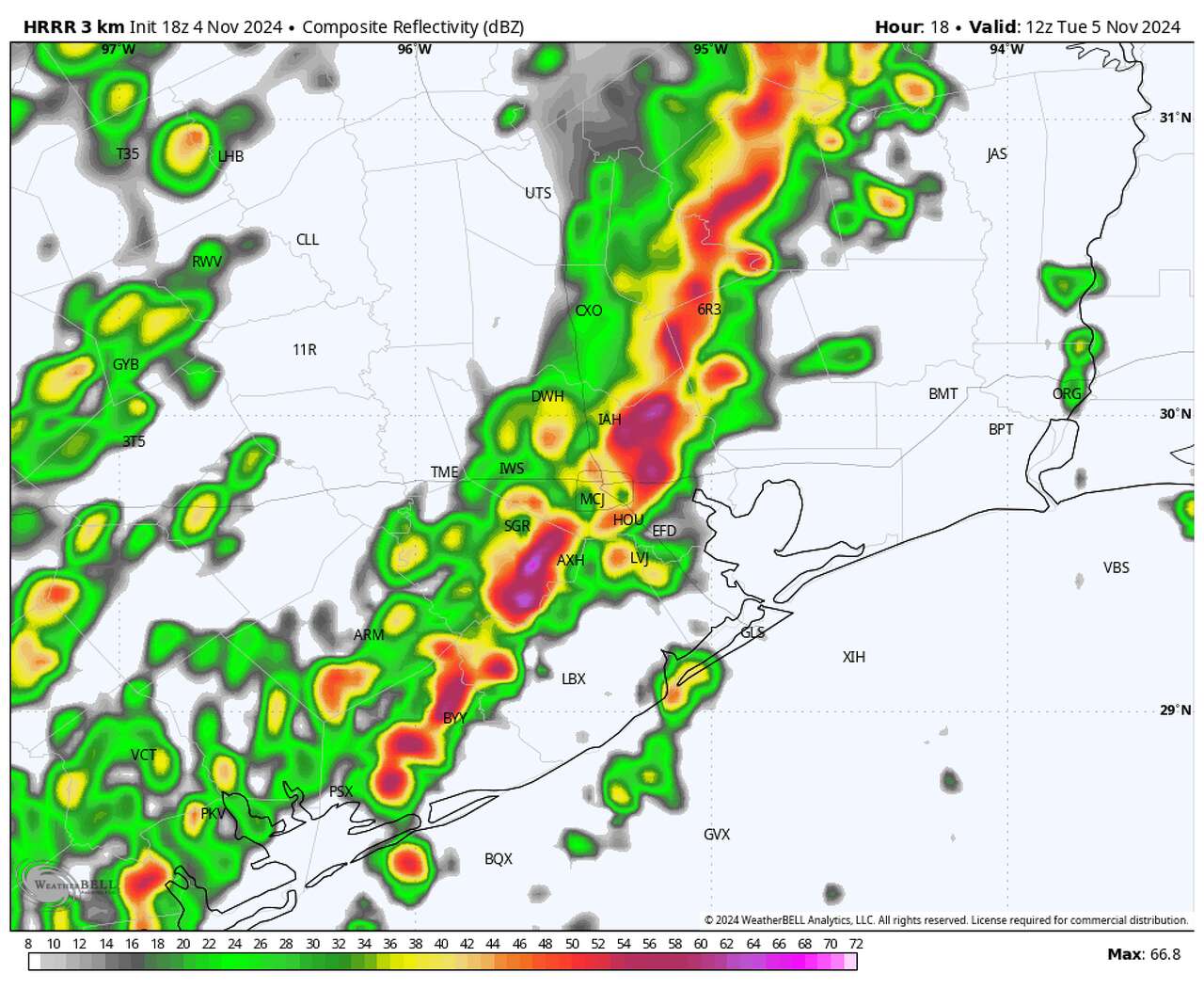 The High Resolution Rapid Refresh model expects a line of strong thunderstorms to push through the Houston area between 5 and 8 a.m. People heading to the polls early on Election Day may want to carry an umbrella with them.