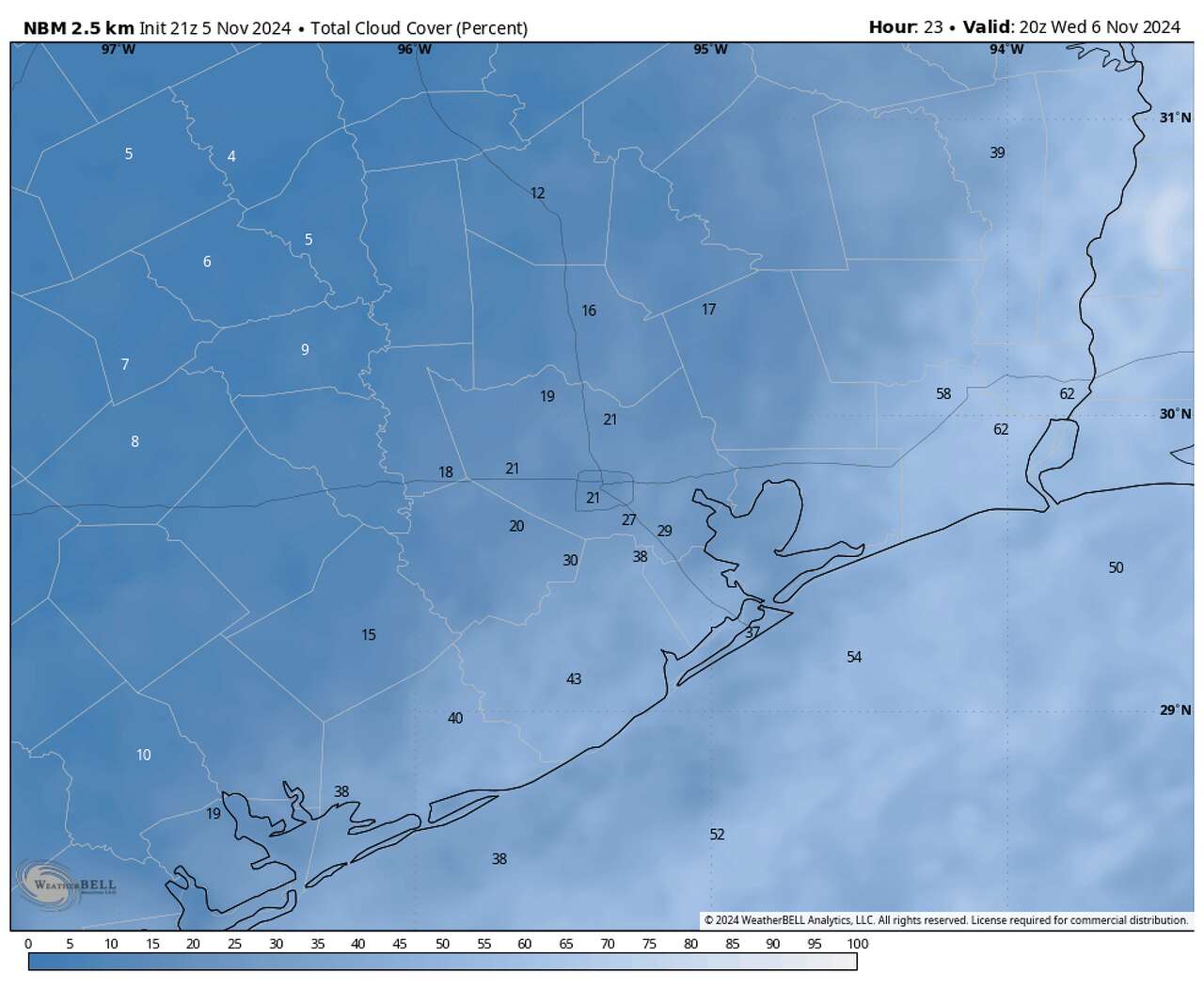 Tuesday's cold front will usher in mostly sunny skies to the Houston area on Wednesday, as shown by the National Blend of Models.