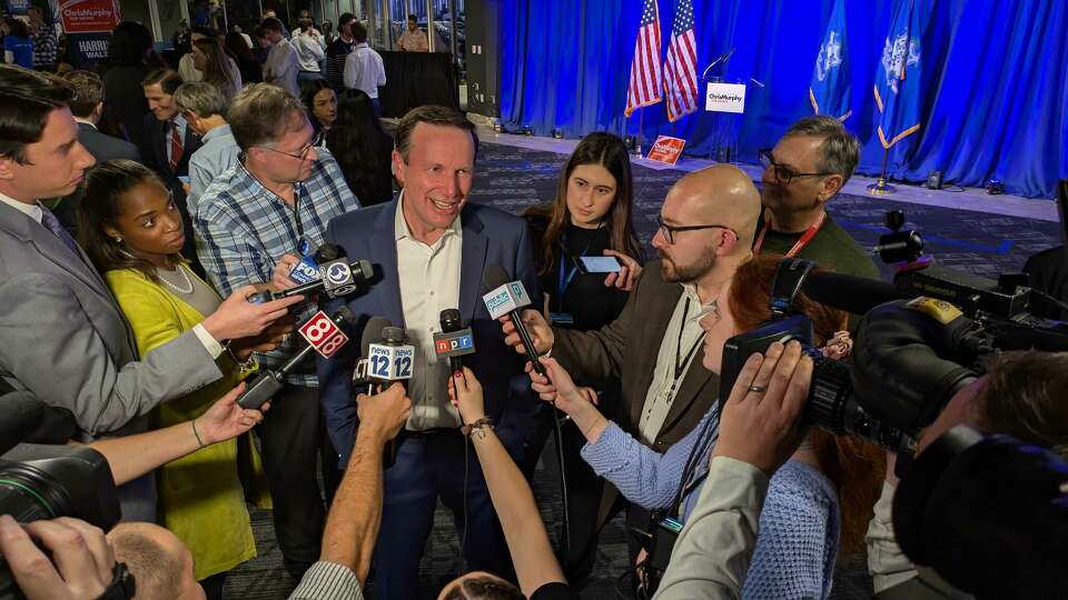 U.S. Sen. Chris Murphy speaks to supporters after his victory celebration at his headquarters at the Yard Goats' Dunkin' Park in downtown Hartford Tuesday.