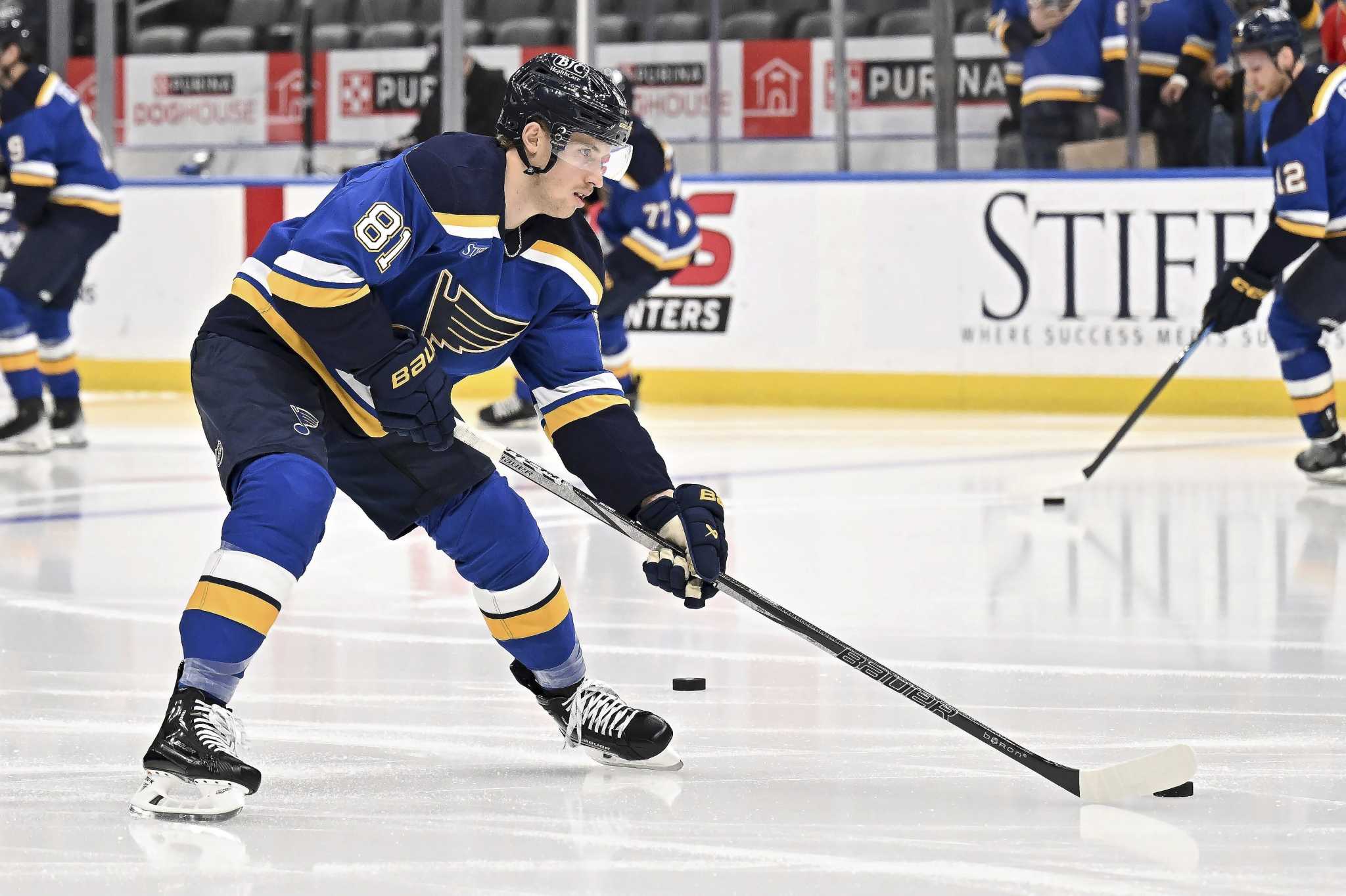 Dylan Holloway Returns To Blues' Lineup Against Utah After Taking Puck ...