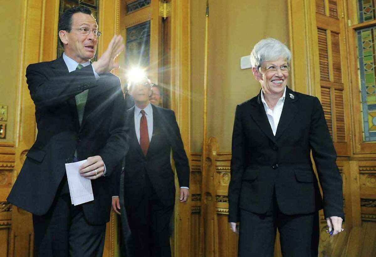 Democratic candidate Dan Malloy and lieutenant candidate Nancy Wyman arrive in the Old Judiciary Committee Room in the State Capitol for a press conference in Hartford, Conn. on Wednesday November 3, 2010. Malloy has been declared the winner in the gubernatorial race by Secretary of State Susan Bysiewicz.