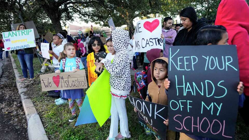 Parents and students protest the removal of Lantrip Elementary School principal, Valiza Castro, during a demonstration outside the school on Wednesday, Nov. 20, 2024 in Houston. Castro was put on administrative leave by the school district.