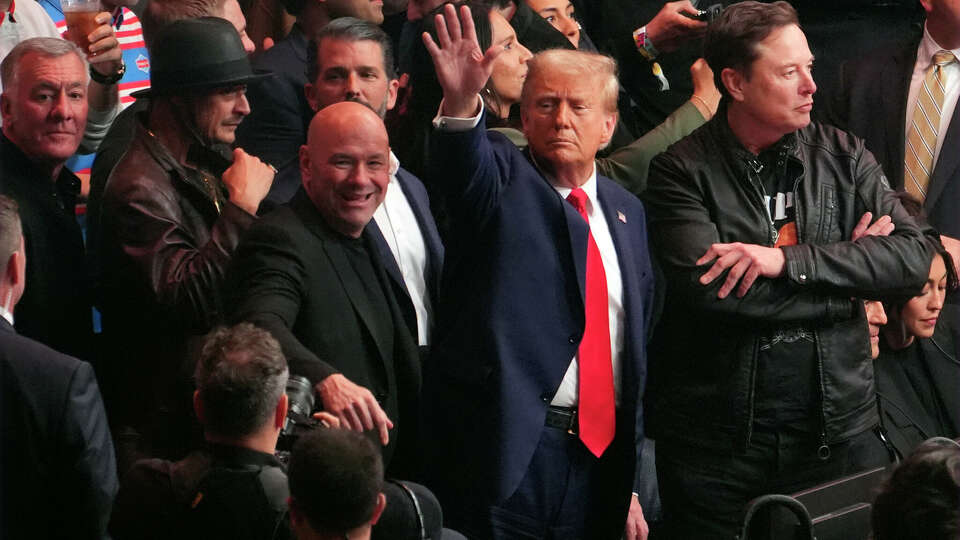 President-elect Donald Trump attends UFC 309 at Madison Square Garden, Saturday, Nov. 16, 2024, in New York, with Kid Rock, Dana White and Elon Musk. (AP Photo/Evan Vucci)