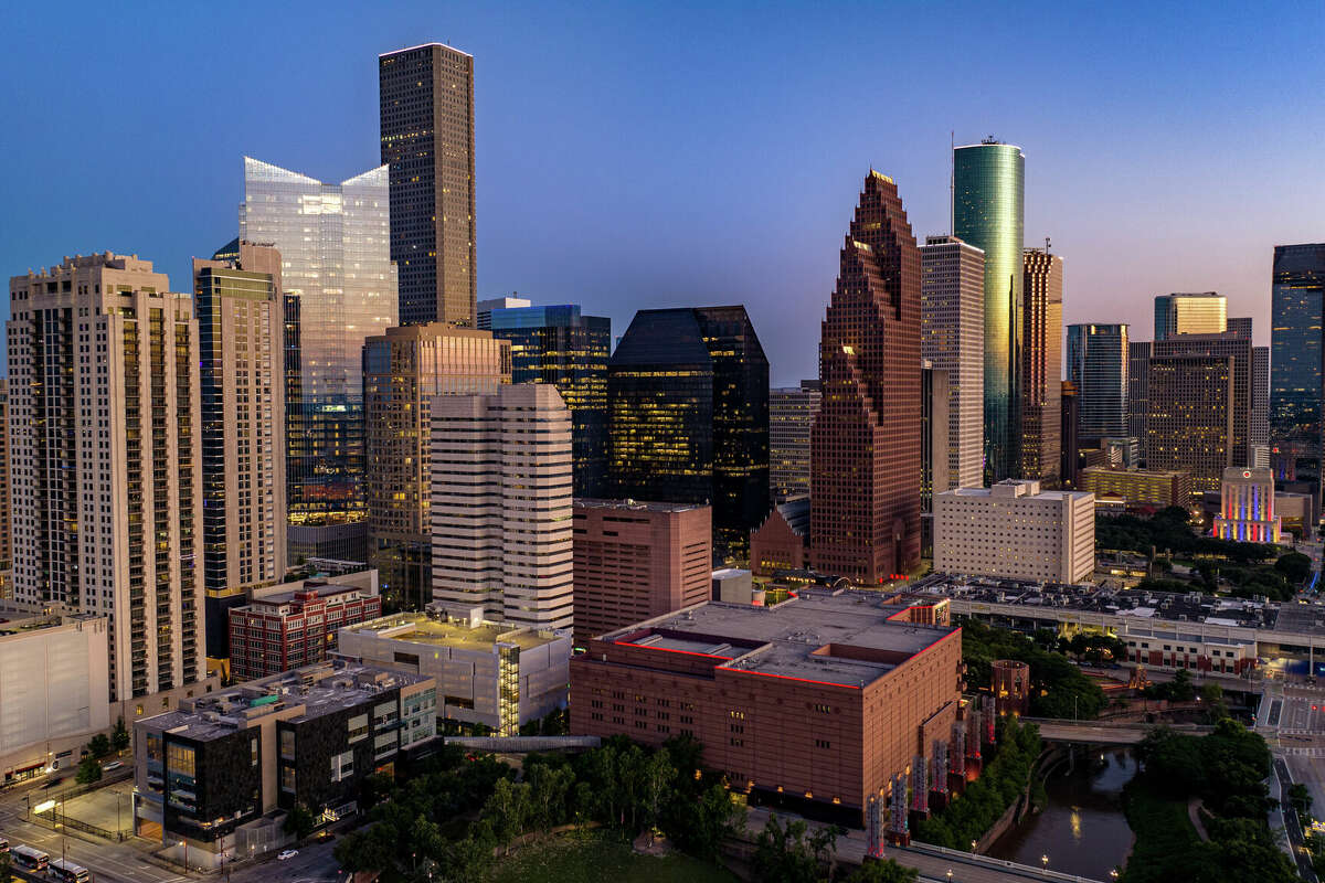 Aerial view of downtown Houston at sunset