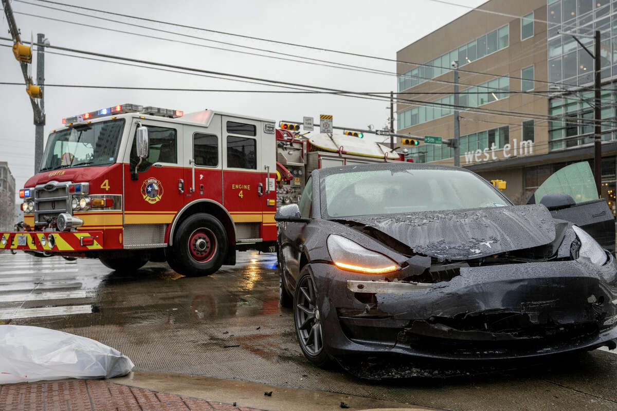 A Tesla vehicle is seen damaged from a collision on February 01, 2023 in Austin, Texas. 