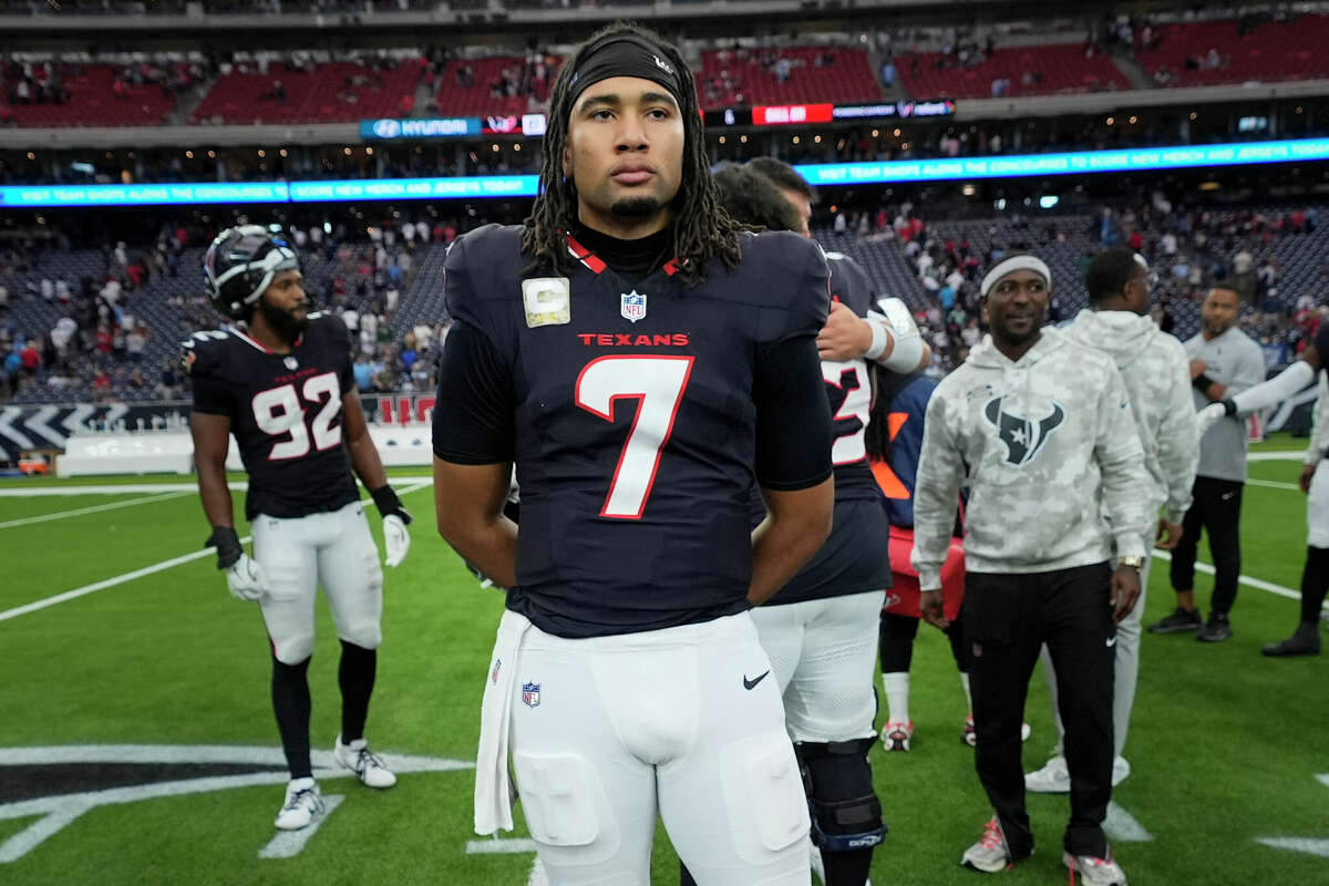 Houston Texans quarterback C.J. Stroud (7) stands on the field after the team's loss against the Tennessee Titans in an NFL football game Sunday, Nov. 24, 2024, in Houston. 