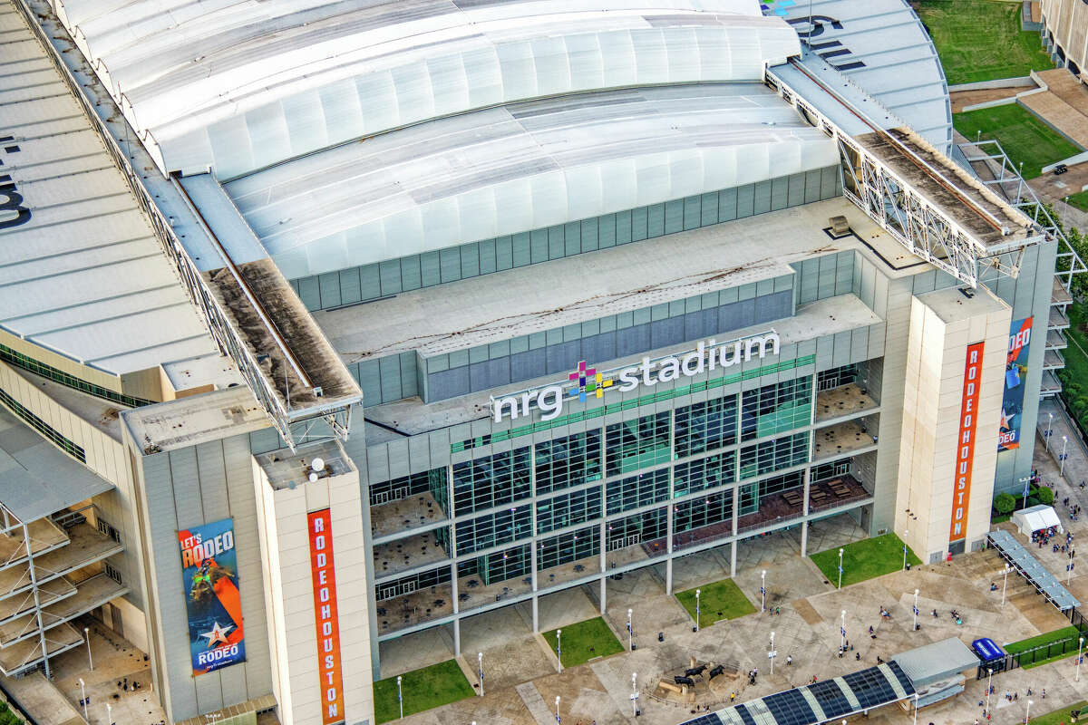 Houston, United States - April 13, 2023: Aerial view of the front entrance of NRG Stadium, home to the NFL's Houston Texans, and home to the famed Houston Rodeo, shot from an altitude of about 600 feet overhead during a helicopter photo flight.