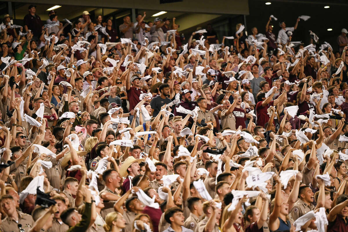 Texas A&M Aggies fans cheer against the Notre Dame Fighting Irish during the fourth quarter at Kyle Field on August 31, 2024 in College Station, Texas.