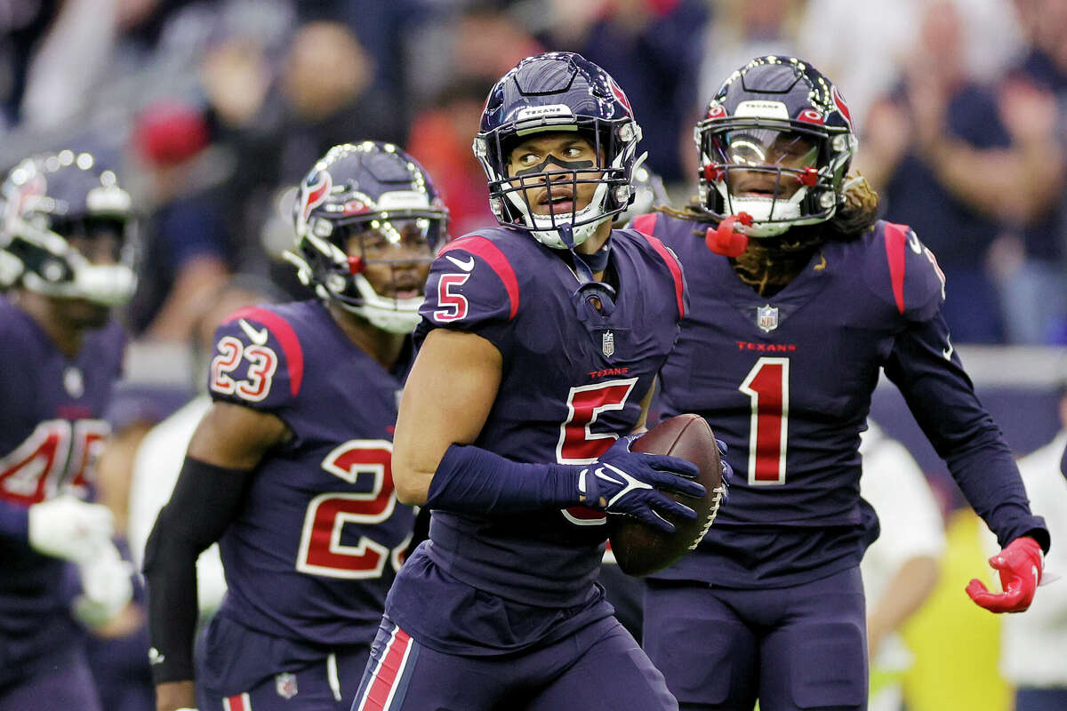 Jalen Pitre #5 of the Houston Texans reacts after an interception during the first quarter against the Cleveland Browns at NRG Stadium on December 04, 2022 in Houston, Texas. 