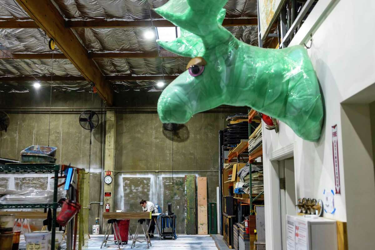 Bullwinkle the moose hangs wrapped in protective materiel in the paint shop at Cal Scenic Fabrication in Concord, Calif., on Wednesday, November 13, 2024. When California Shakespeare Theater announced last month it was closing, one of the many concerns was about the theater's scene shop, which didn't build just Cal Shakes' own sets but the sets for theaters throughout the Bay Area, including American Conservatory Theater, Center Rep and others.Now, in a rare bit of good news in the theater world, the scene shop has spun off to form its own business, California Scenic Fabrication, or Cal Scenic for short, with 13 employees.