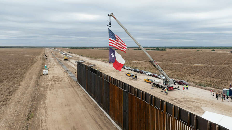 LA CASITA-GARCIASVILLE, TEXAS - NOVEMBER 26: In an aerial view, the site of ongoing state-sponsored border wall construction where Texas Land Commissioner Dawn Buckingham held a news conference on November 26, 2024 in La Casita-Garciasville, Texas. The 1,402-acre ranch where border wall construction is taking place was recently offered to the Trump administration to build facilities to coordinate mass deportations.