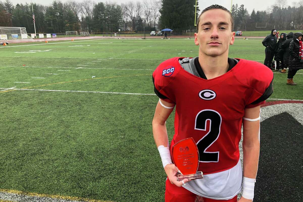 Senior defensive back Tommy Wilkinson returned an interception for a touchdown with 3 seconds remaining in the third quarter to lead Cheshire to its football victory over Southington on Thursday, Nov. 28, 2024.