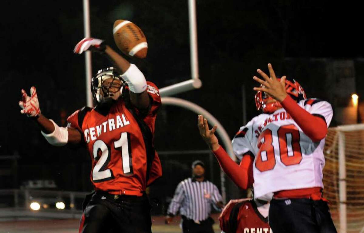 Central's #21 David Anderson, left, breaks up a pass in the end zone intended for McMahon's #80 Chris Daniel, during football action in Bridgeport, Conn. on Friday November 5, 2010.