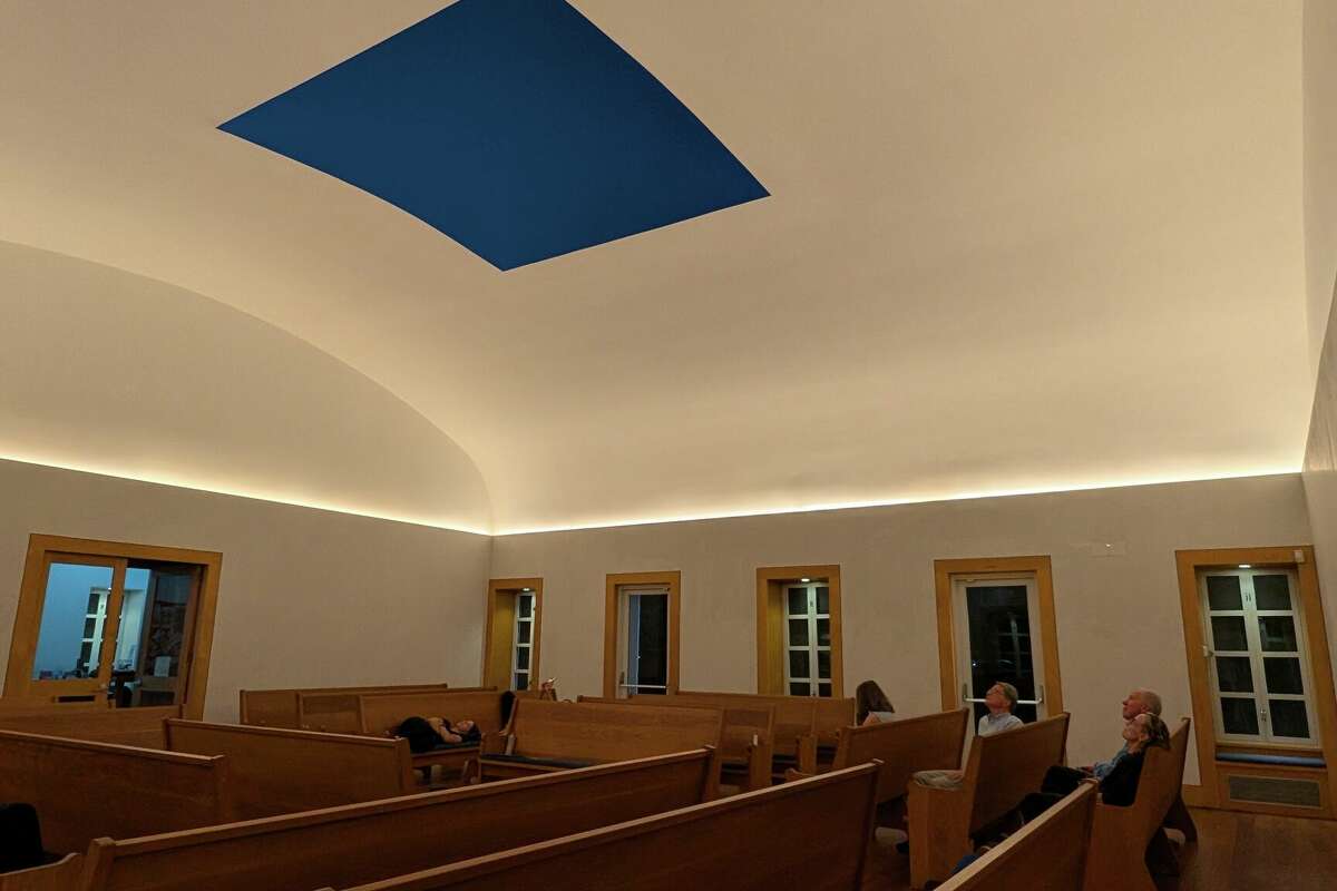 Inside the Houston Quaker Skyspace at the Live Oak Friends Meeting House. James Turrell designed the Skyspace, one of several he has created over the years.