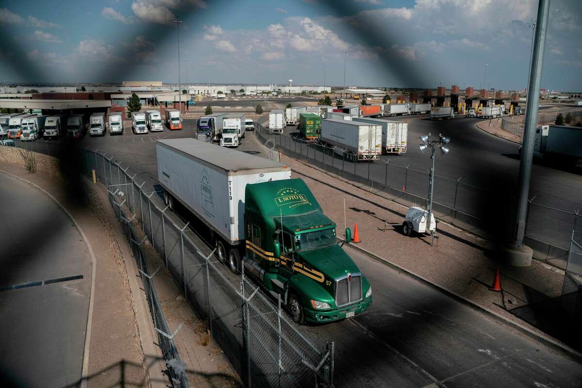 Semi-trucks cross the border at the Zaragoza International Bridge, in Juarez, Mexico, across the border from El Paso, Texas on May 31, 2019.