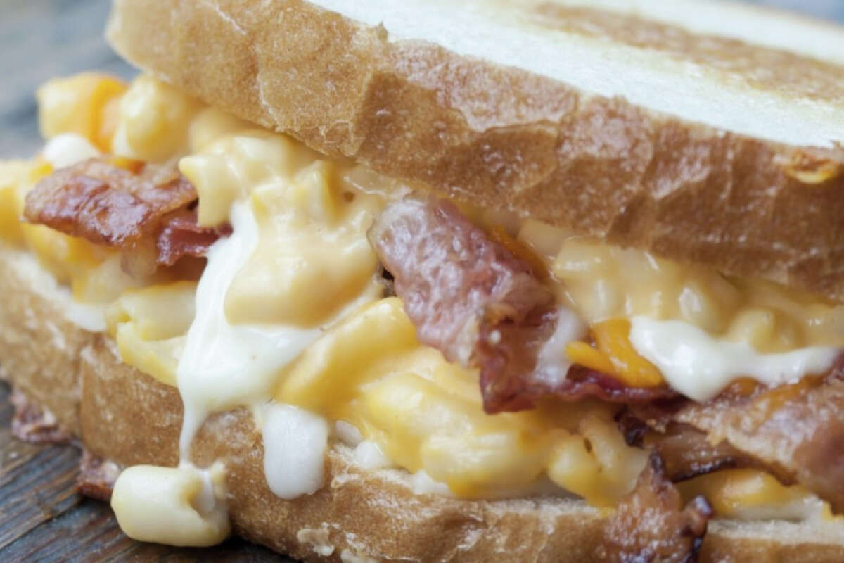 A close-up of the Mac Attack, a grilled cheese sandwich at Meltwich. The Toronto-based restaurant chain opened its first U.S. location in Houston's Rice Village on Nov. 11, 2024.