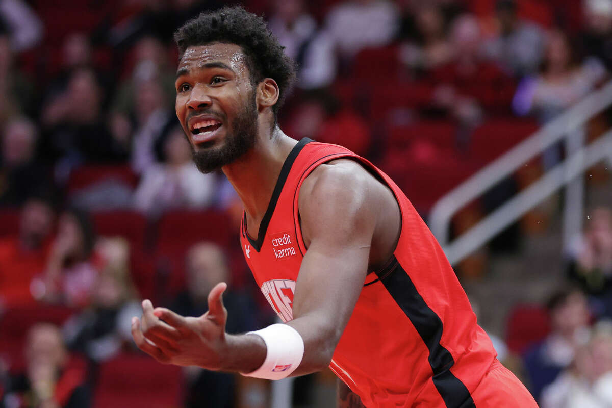 Tari Eason #17 of the Houston Rockets reacts against the Oklahoma City Thunder during the first half at Toyota Center on February 01, 2023 in Houston, Texas.