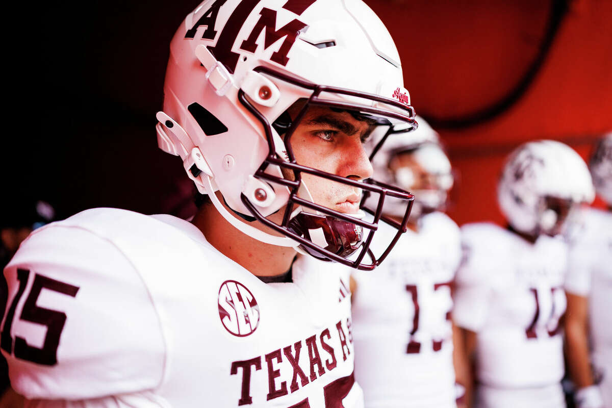 GAINESVILLE, FLORIDA - SEPTEMBER 14: Conner Weigman #15 of the Texas A&M Aggies takes the field before the start of a game against the Florida Gators at Ben Hill Griffin Stadium on September 14, 2024 in Gainesville, Florida. (Photo by James Gilbert/Getty Images)