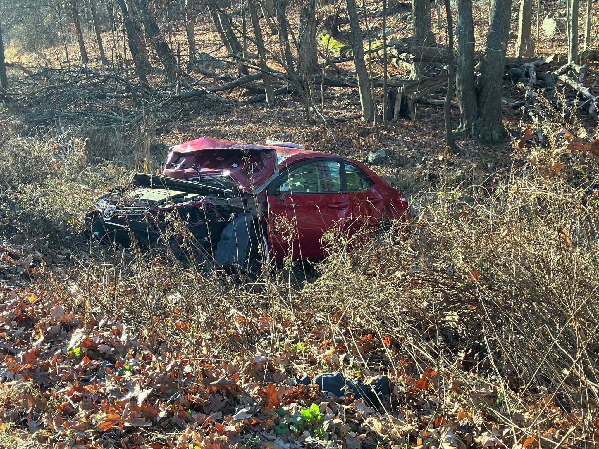 Car rolls into ditch in Stamford after collision with school bus
