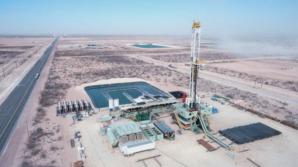 Drone View Of An Oil Or Gas Drill Fracking Rig Pad.